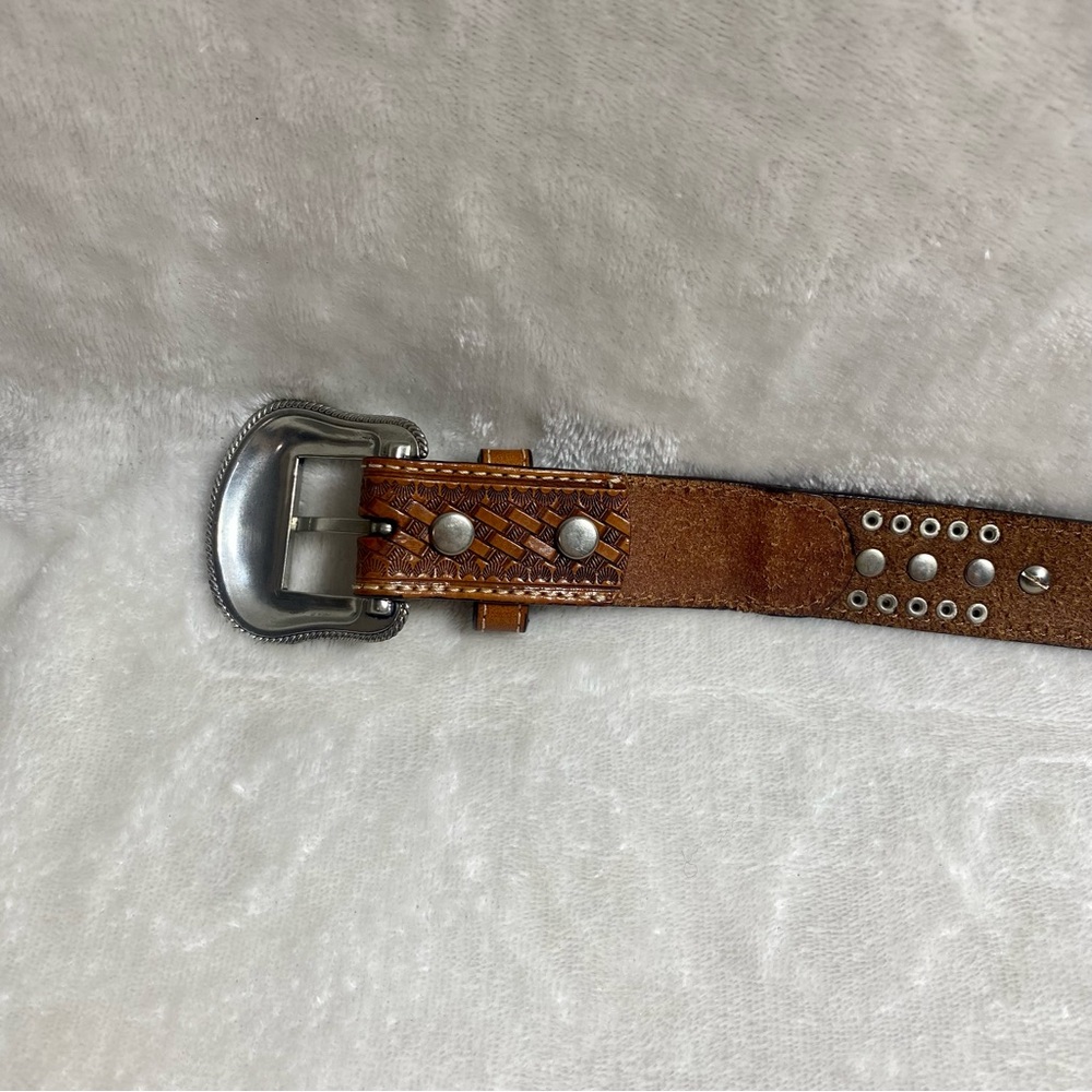 NOCONA Kids Leather Calf-hair Belt Blue Rhinestones Brown Western Cowboy - Picture 8 of 11